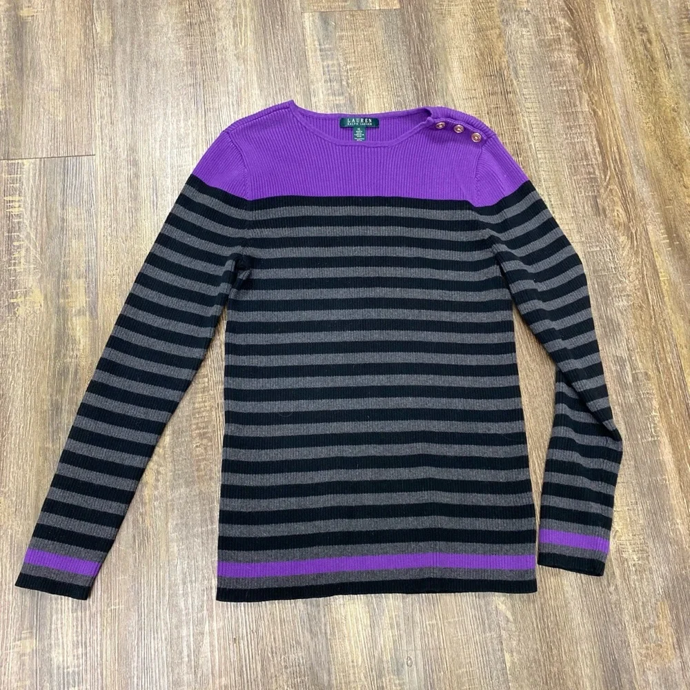 Lauren Ralph Lauren Purple and Black Striped Sweater‎ 3 Shoulder Gold Buttons XL